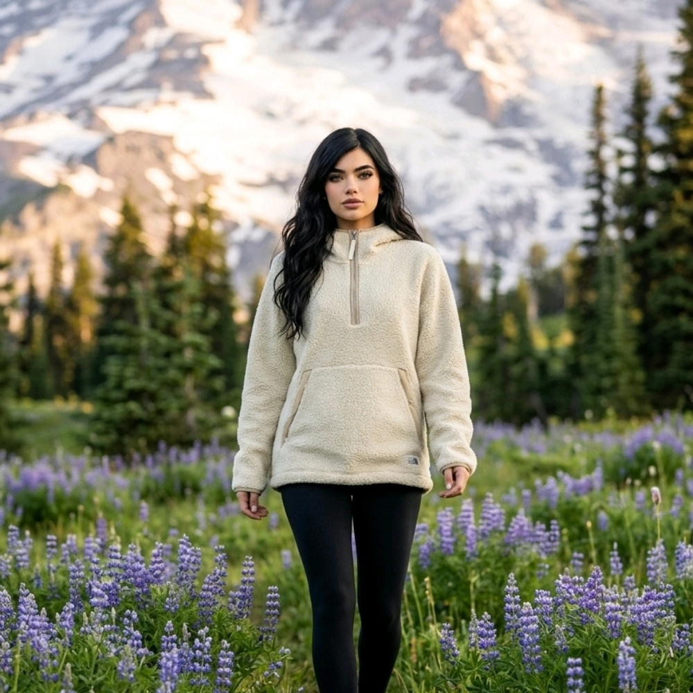 The North Face Cream Sherpa Fleece Hoodie Jacket